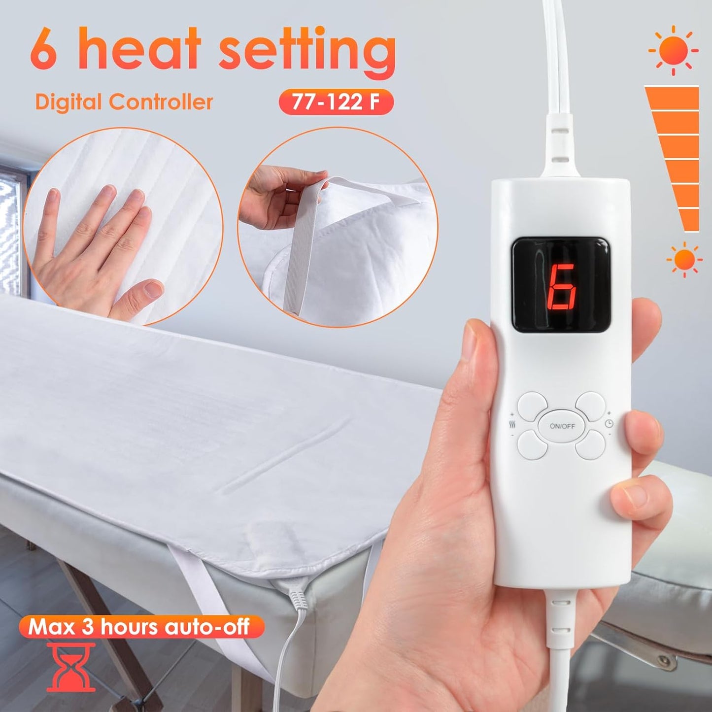 Electric Heating Pad for Massage Table - 6 Heat Settings | Digital Control, Overheat Protection, 72.8" x 30", White