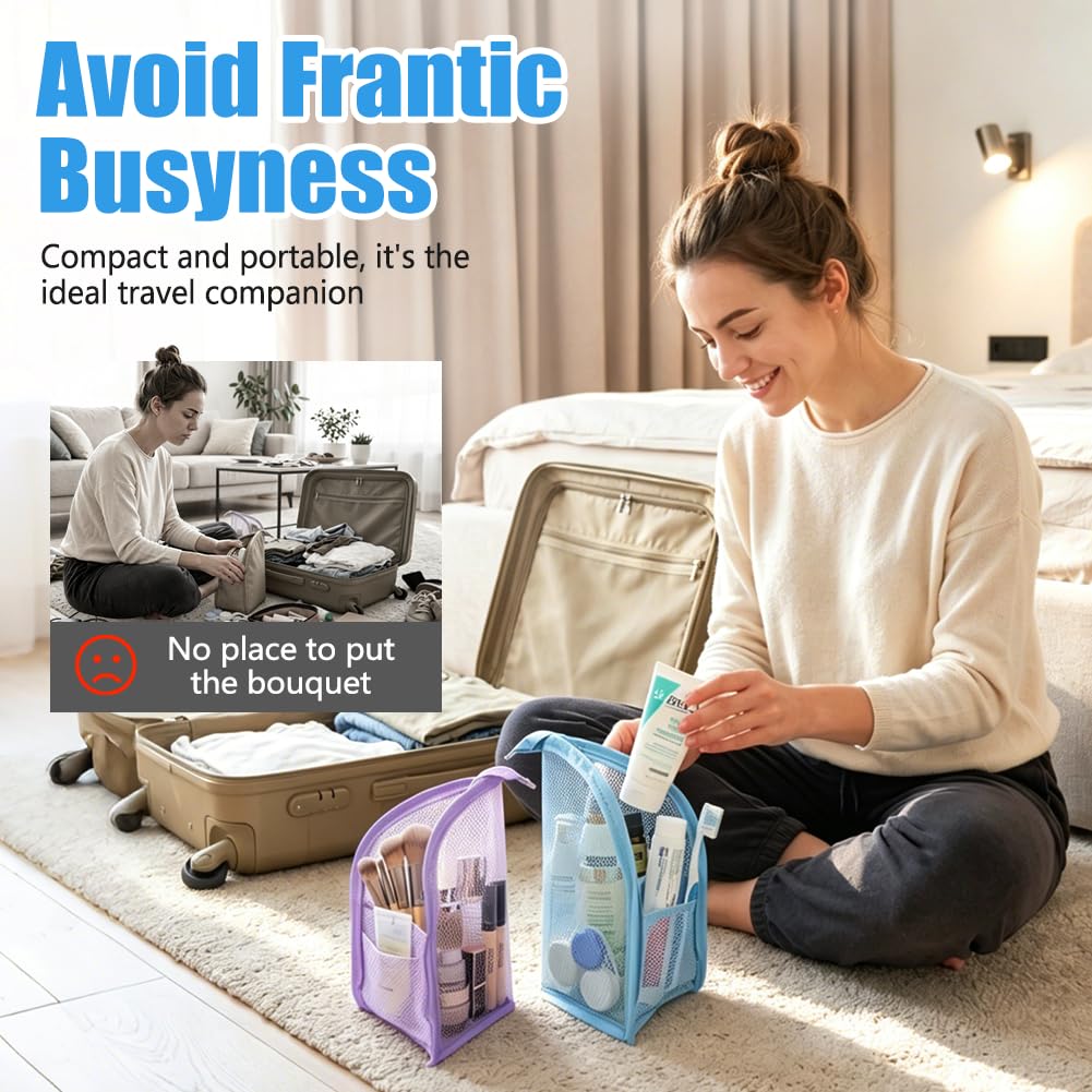 2PCS Standing Toiletry Bag, Lightweight EVA Mesh Large Capacity Waterproof Stand up Makeup Bag, Foldable Clear Hanging, Standing Travel Toiletry Pouch for Bathroom, Gym, Business Trip,Family Travel