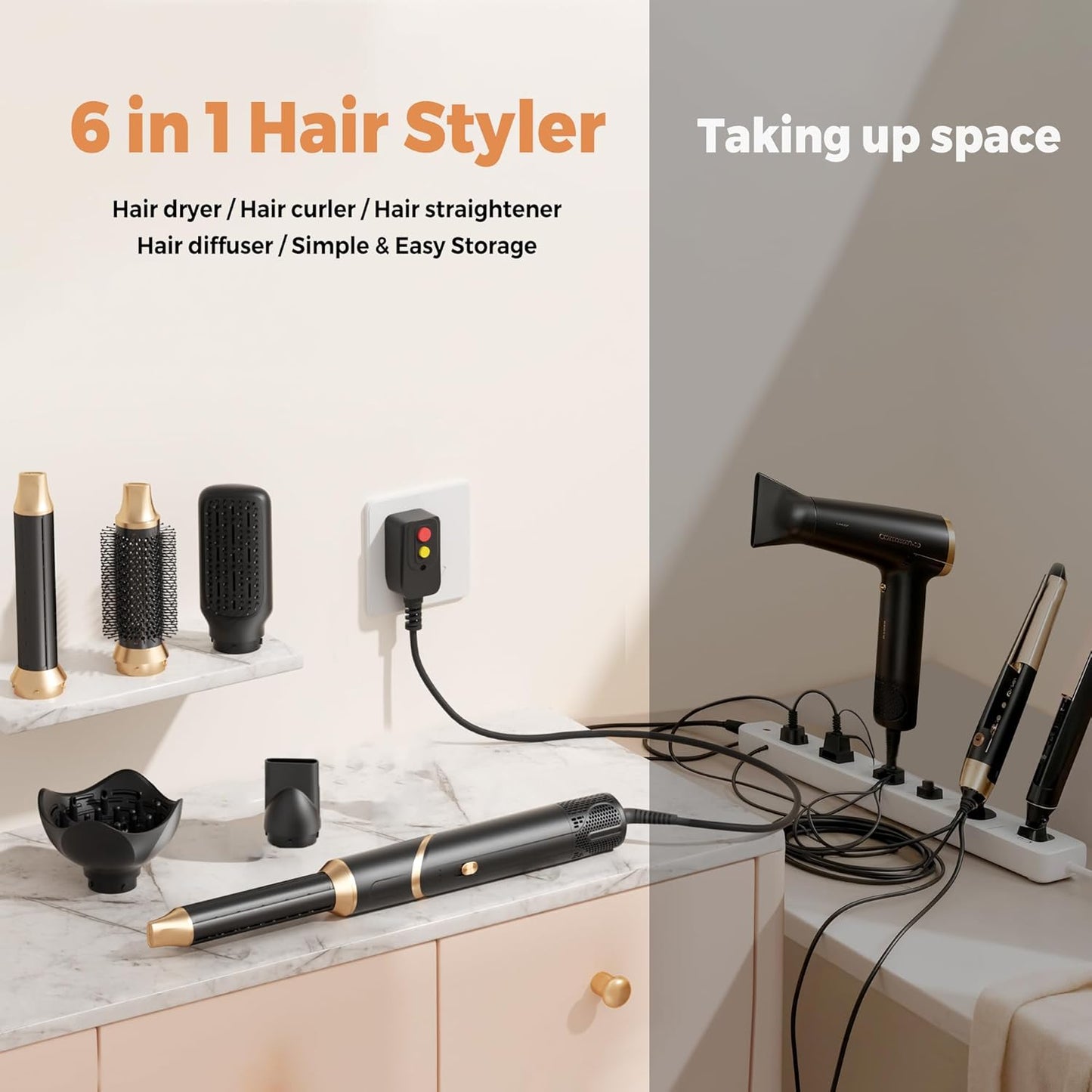Blow Dryer Brush 6-in-1 | Foldable Hot Air Brush for Volumizing, Curling & Straightening - Detachable Design