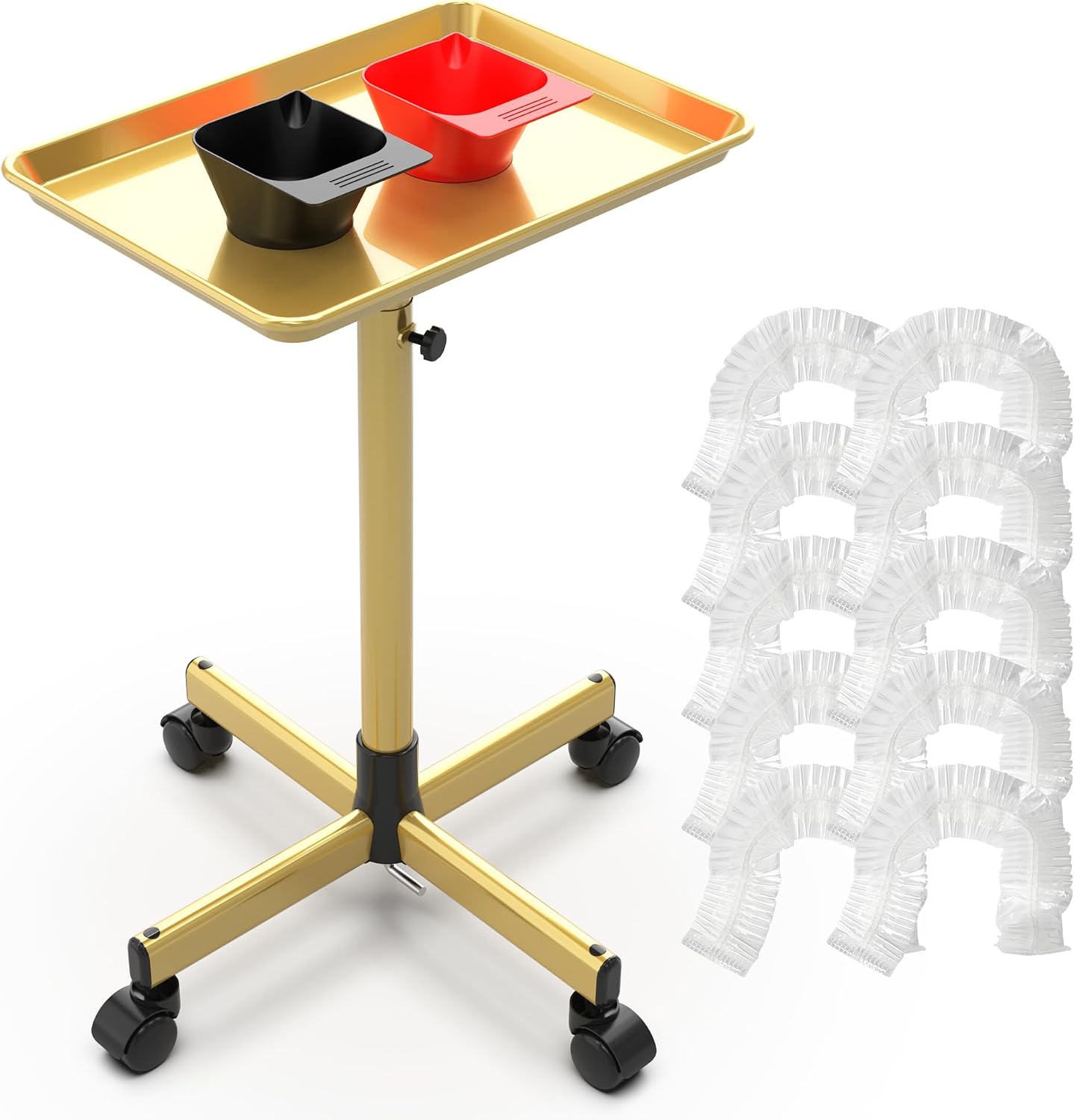 Rolling Salon Tray - Adjustable Height Mobile Trolley with Wheels & 2 Magnetic Dye Bowls | Gold Metal, 10 PCS Covers