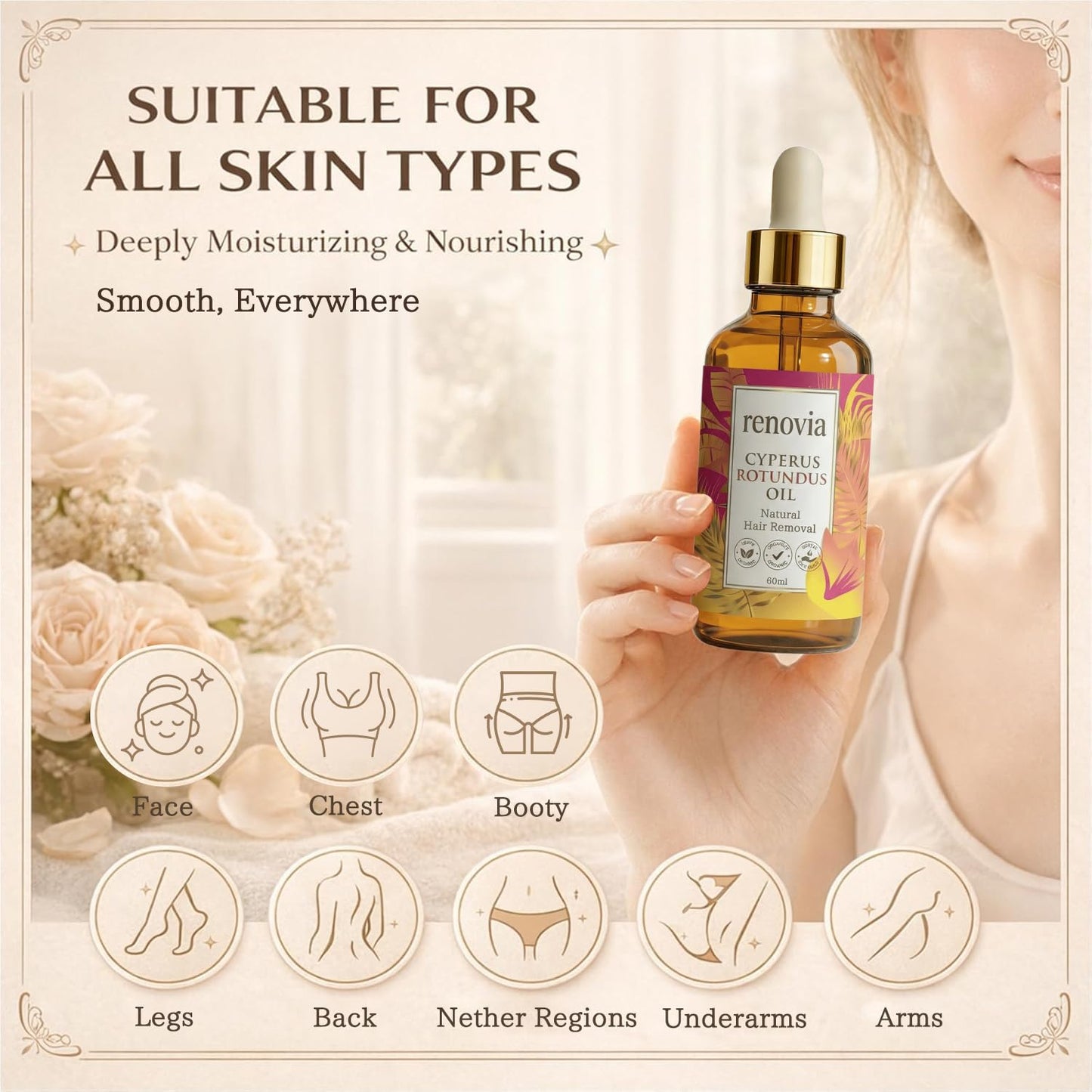 Cyperus Rotundus Oil for Hair Removal - Moisturizing Skin Serum, Gentle Formula | 1 Bottle