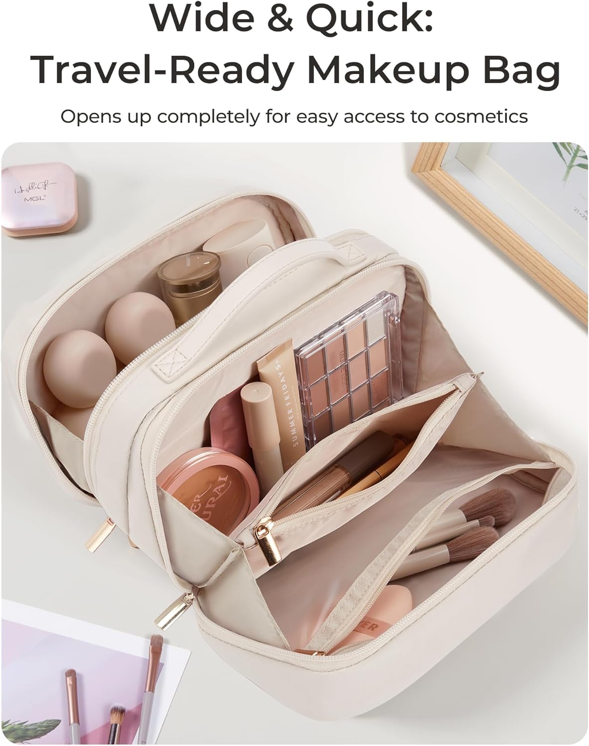 Travel Makeup Bag - Durable Compact Organizer with Multiple Compartments | Beige Cosmetic Case for Women