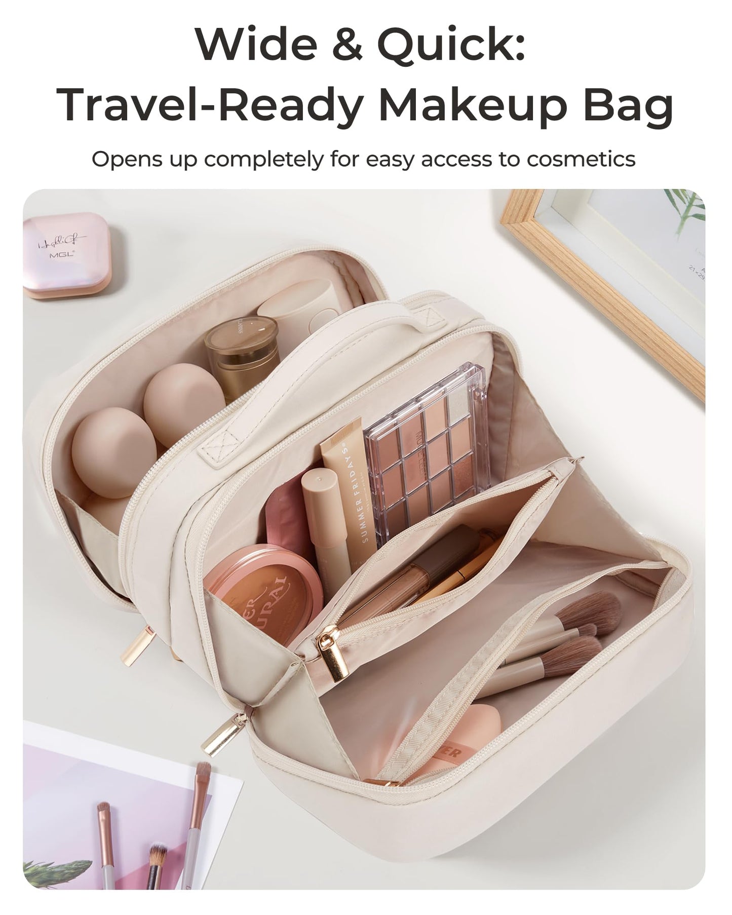 BAGSMART Travel Makeup Bag, Make Up Bag with Multiple Compartments for Organizer, Durable & Compact Cosmetic Organizer for Women for Travel Accessories (Beige)