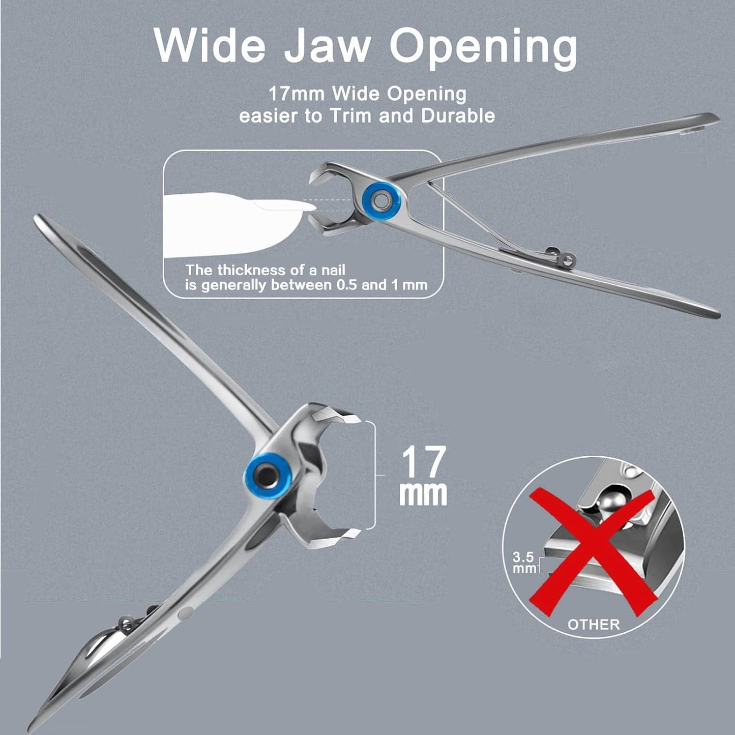 Thick Toenail Clippers for Seniors - Heavy Duty Nail Clippers with Wide Jaw Opening | Silver Finish