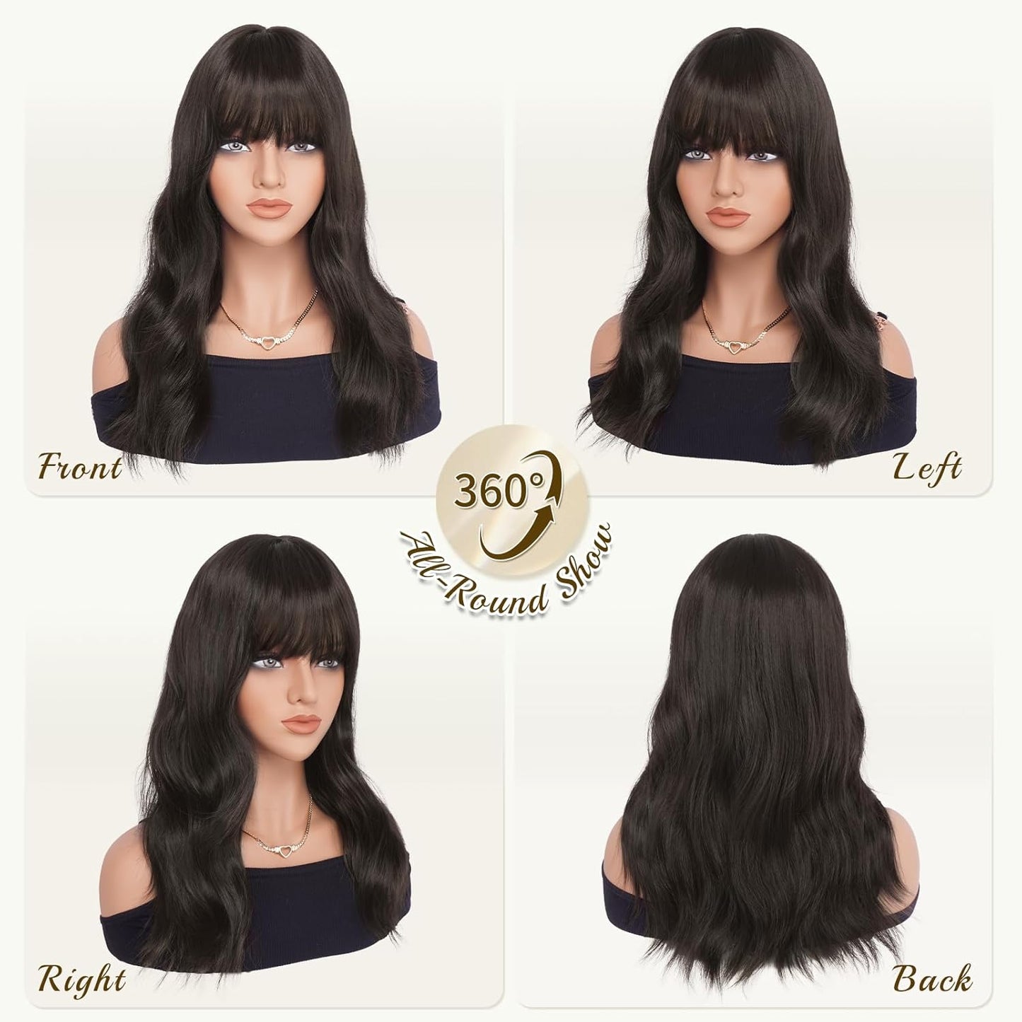 Brown Wigs with Bangs - 19-Inch Natural Wavy Synthetic Hair for Daily Wear | Dark Brown