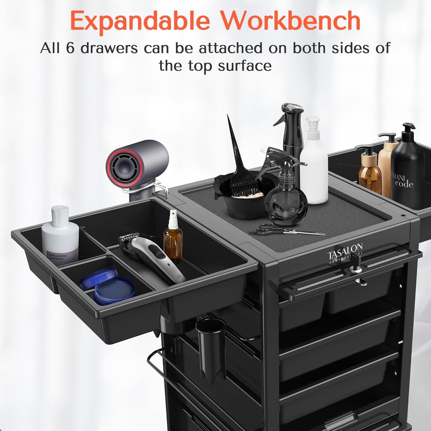 TASALON Lockable Salon Trolley - 6-Drawer Rolling Beauty Cart with Tool Holders | Mobile Hair Stylist Station in Black