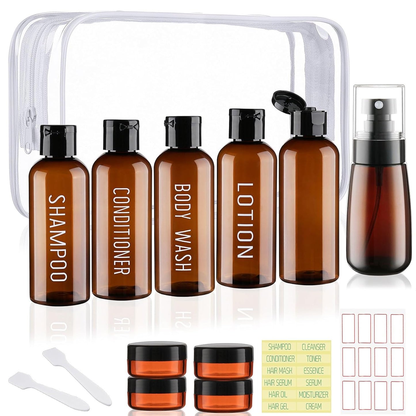 Travel Bottles for Toiletries - TSA Approved 10 Pack | Leak Proof 3.4oz Squeeze Containers - Brown