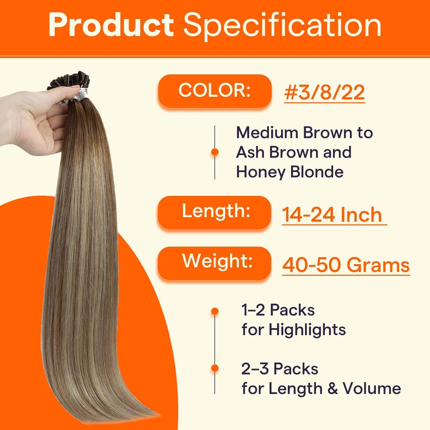 Full Shine K Tip Hair Extensions Real Human Hair 3 Medium Brown Ombre to 8 Ash Brown and 22 Honey Blonde U Tip Hair Extensions Human Hair 40 Grams 14 Inch Remy Hair for Women