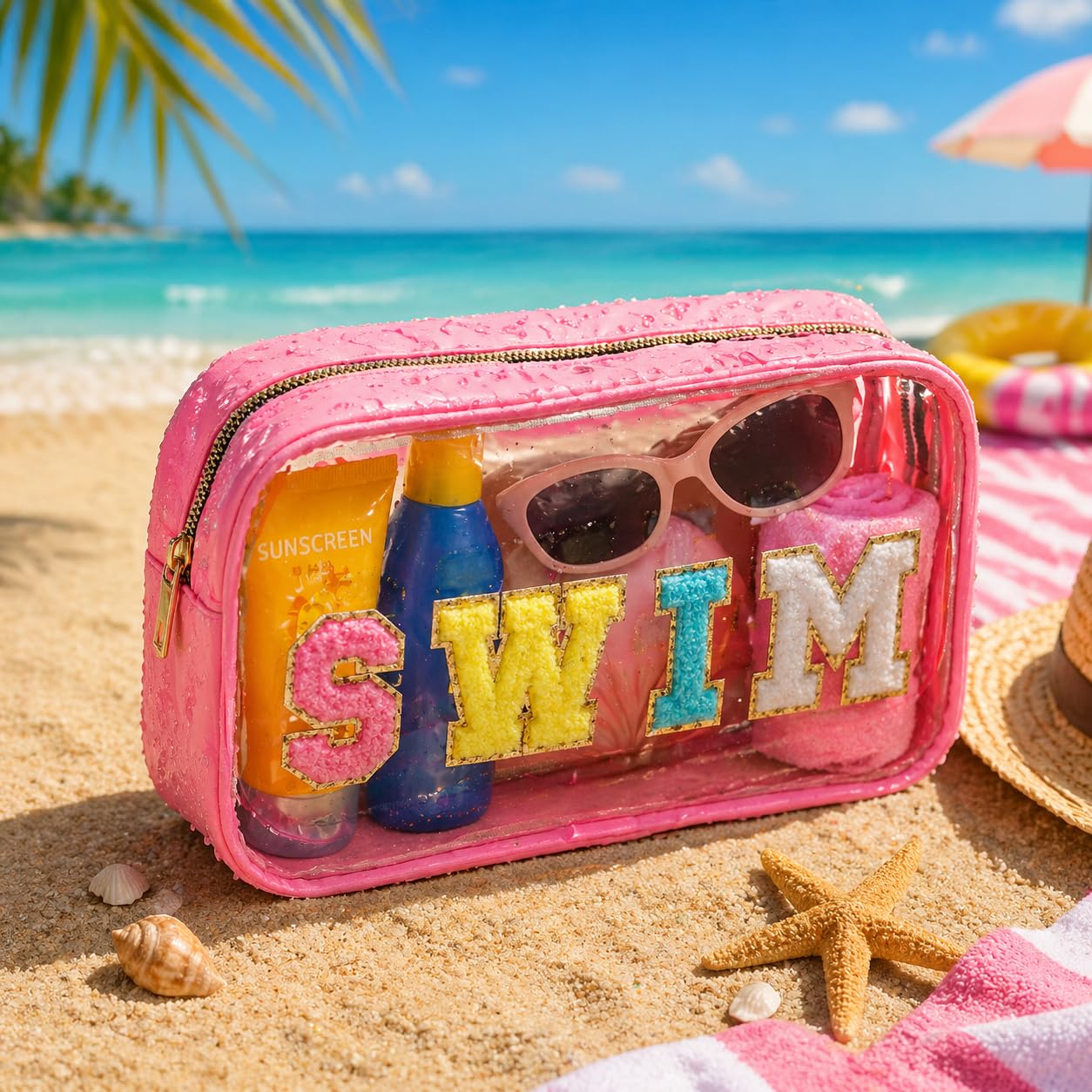 TRIP TIGER Sunscreen SPF Makeup Bag with SWIM Chenille Letters, Waterproof Clear Pink Cosmetic Bags for Women, Sunblock Organizer for Pool, Swim Team, Beach Travel Toiletry Sun Pouch
