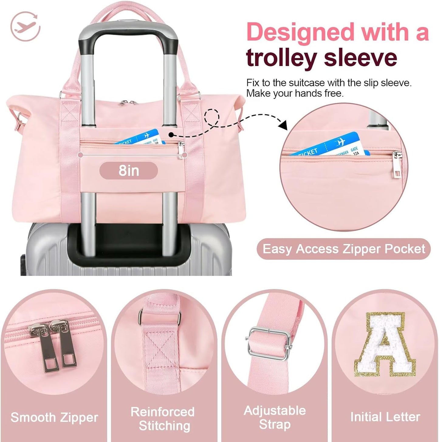 Dance Gym Duffel Bag - Personalized Initial Weekender for Teen Girls | Pink Overnight Carry-On & Cheer Bag