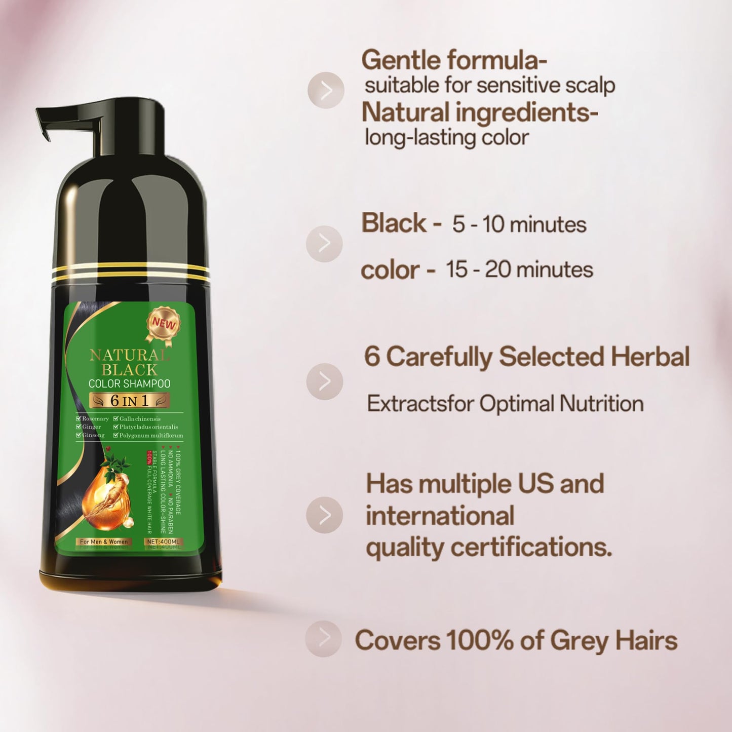 Black Hair Dye Shampoo 6-in-1 for Gray Hairr，Semi-Permanent Hair Color Shampoo for Women and Men，100% Grey Coverage Long-Lasting Color，Natural herbal Ingredients(Natuarl Black)