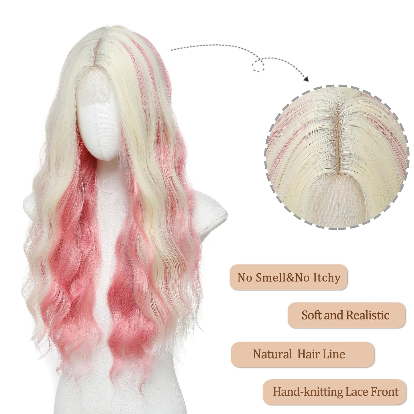 YBYMCAI Blonde and Pink Wig Long Wavy Wigs for Women Middle Part 26 inch Natural Curly Synthetic Wig Heat Resistant Fiber Wigs for Daily Party Use