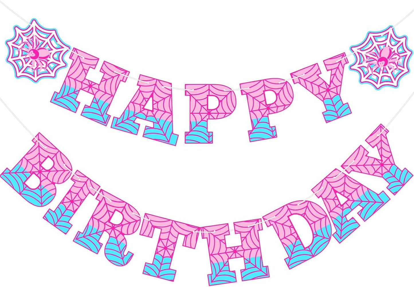 Spider Theme Birthday Banner - Pre-Strung Spider Web Decor for Kids' Parties | Pink & Blue