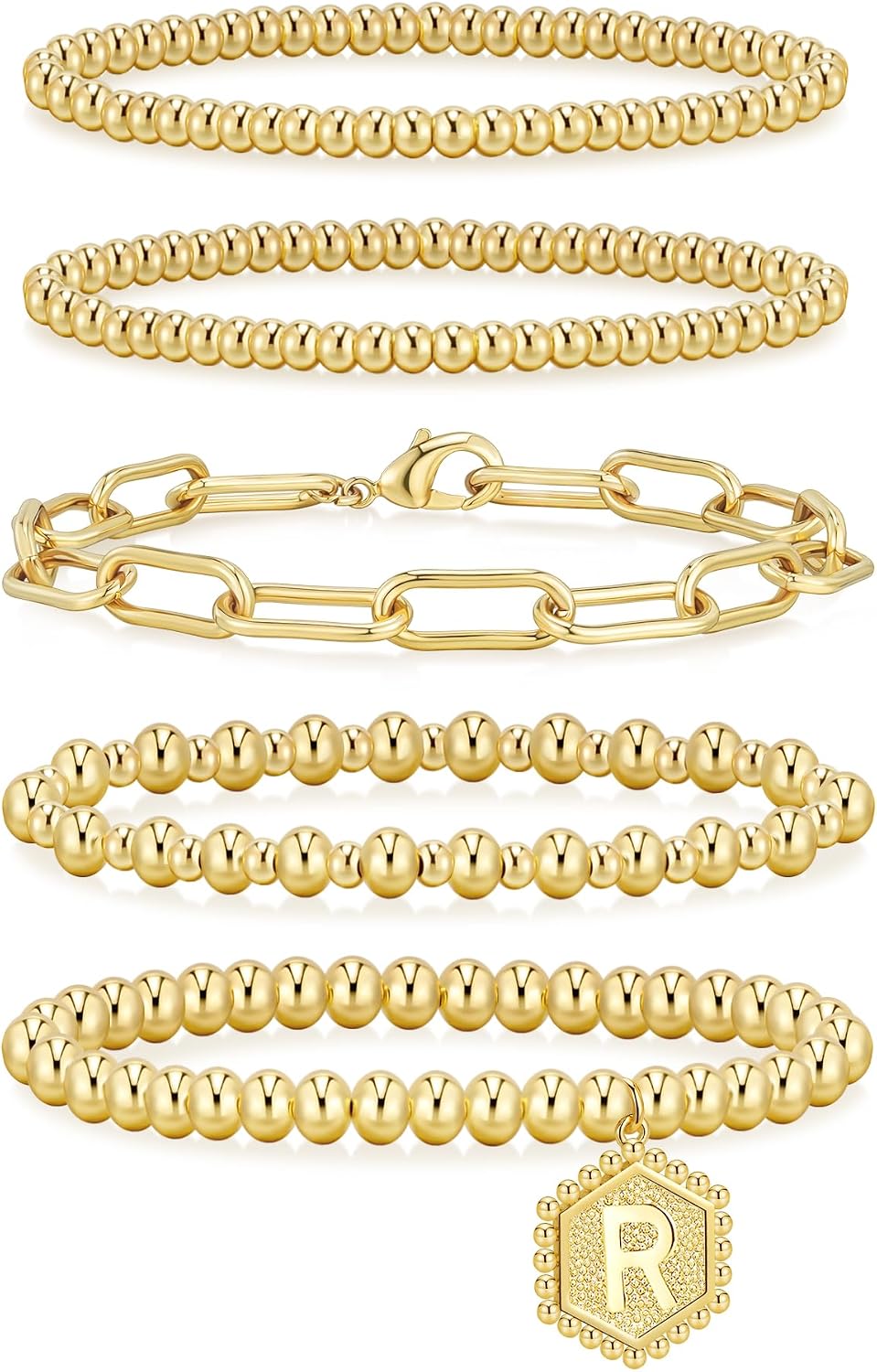 Gold Bracelets for Women - Waterproof 14K Gold Plated Beaded Strand Adjustable Jewelry Set | Perfect Gift
