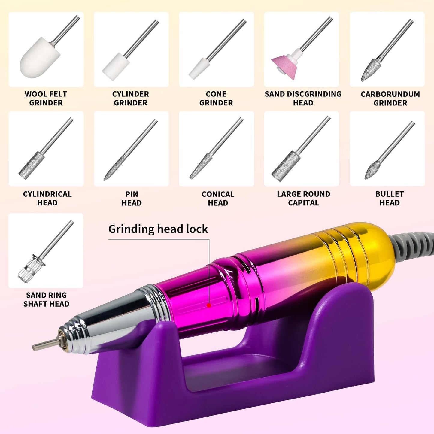 Cordless Nail Drill 45000 RPM, Rechargeable Electric Nail File Kit for Acrylic Gel Polishing Removing, Nail Drill kit with Bits & Base, Portable Nail E-File Machine for Manicure Pedicure Salon (Gold)
