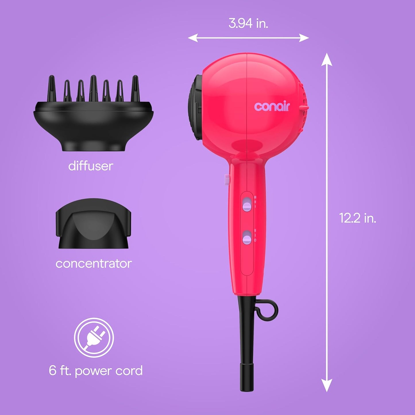 Conair Cake Pop Hair Dryer - Tourmaline Ceramic, 3 Heat/2 Speed Settings | Compact & Lightweight, Pink