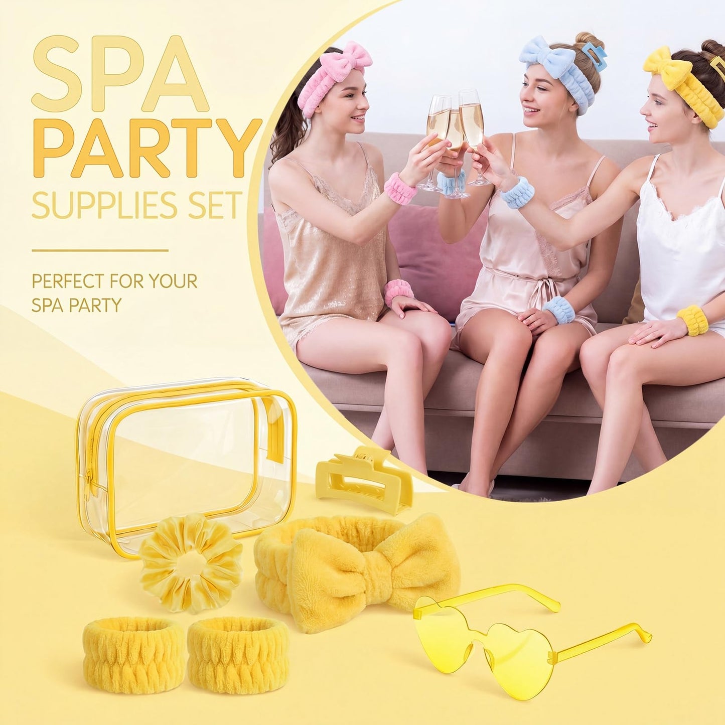 Rivvlive 6 Set 42 Pcs Spa Sleepover Party Favor Slumber Party Supplies Gift Preppy Headband Wristband Heart Sunglass Hair Clip Scrunchie Makeup Bag for Bridal Bachelorette Women Birthday (Pastel)