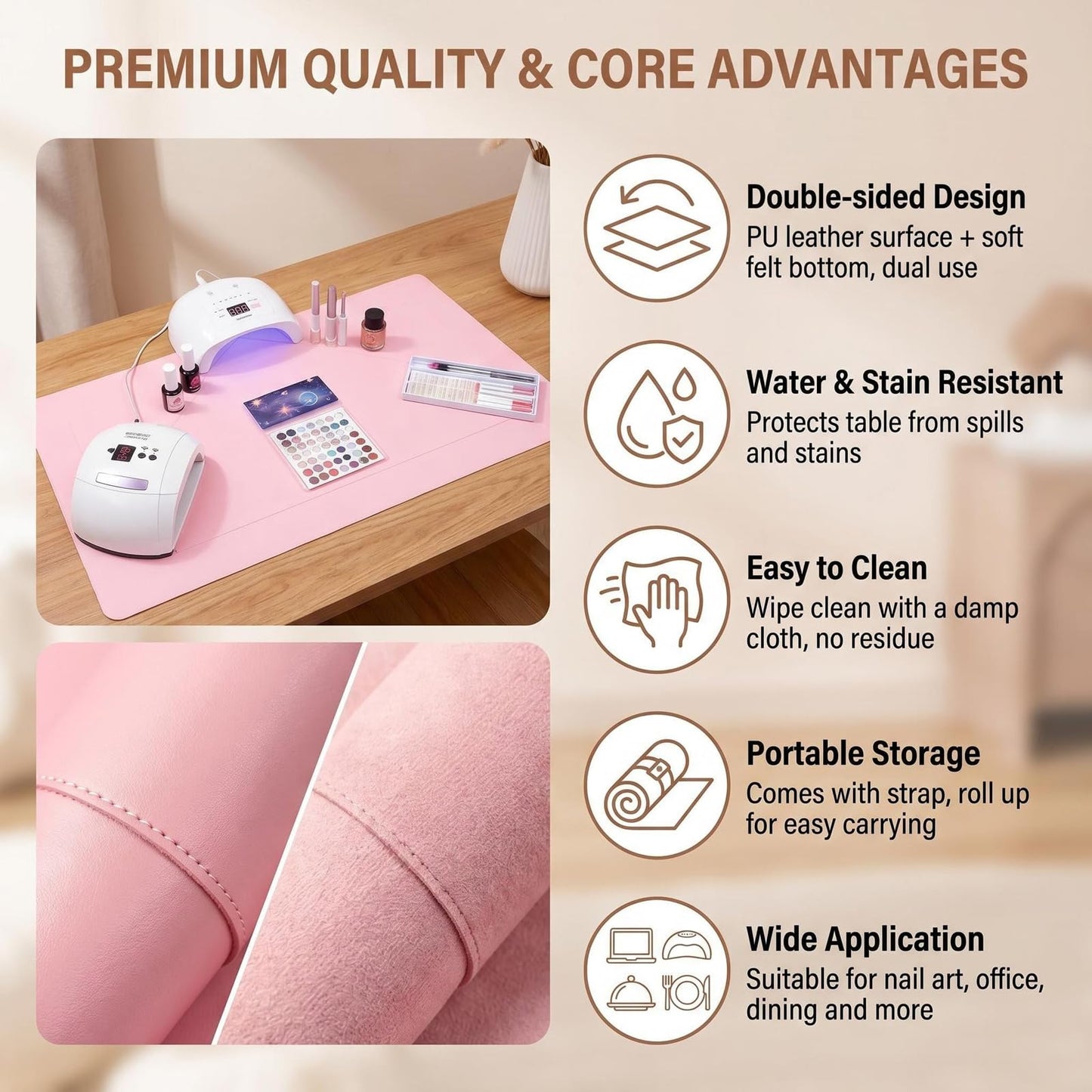 VANTOBEST 23.6 x 11.8 inches Foldable Nail Art Table Mat, Waterproof Non-Slip PU Leather Nail Desk Pad, Reusable Manicure Mat for Nail Tech Salon Home Acrylic Nails (Pink)