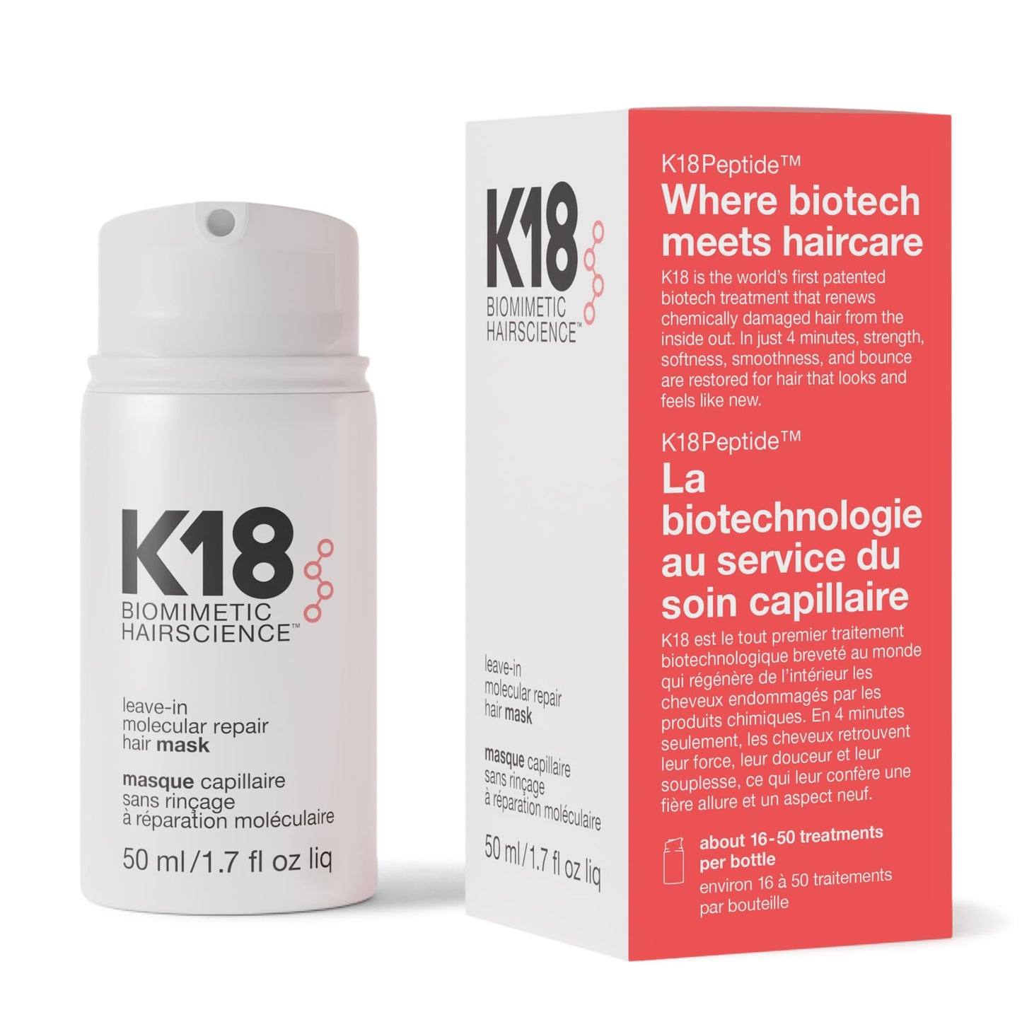 K18 Leave-In Molecular Repair Hair Mask - Peptide Hair Treatment Mask for Bleach, Color, Chemical + Heat Damaged Strands - Immediate + Lasting Damage Reversal in 4 Minutes (1.7 Fl oz)
