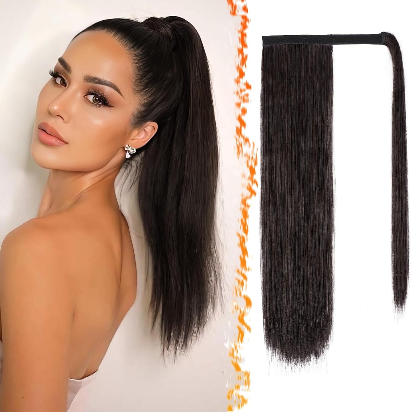 Dark Brown Straight Ponytail Extension - 28 Inch Clip-In Hairpiece for Women | Synthetic Wrap Around Style
