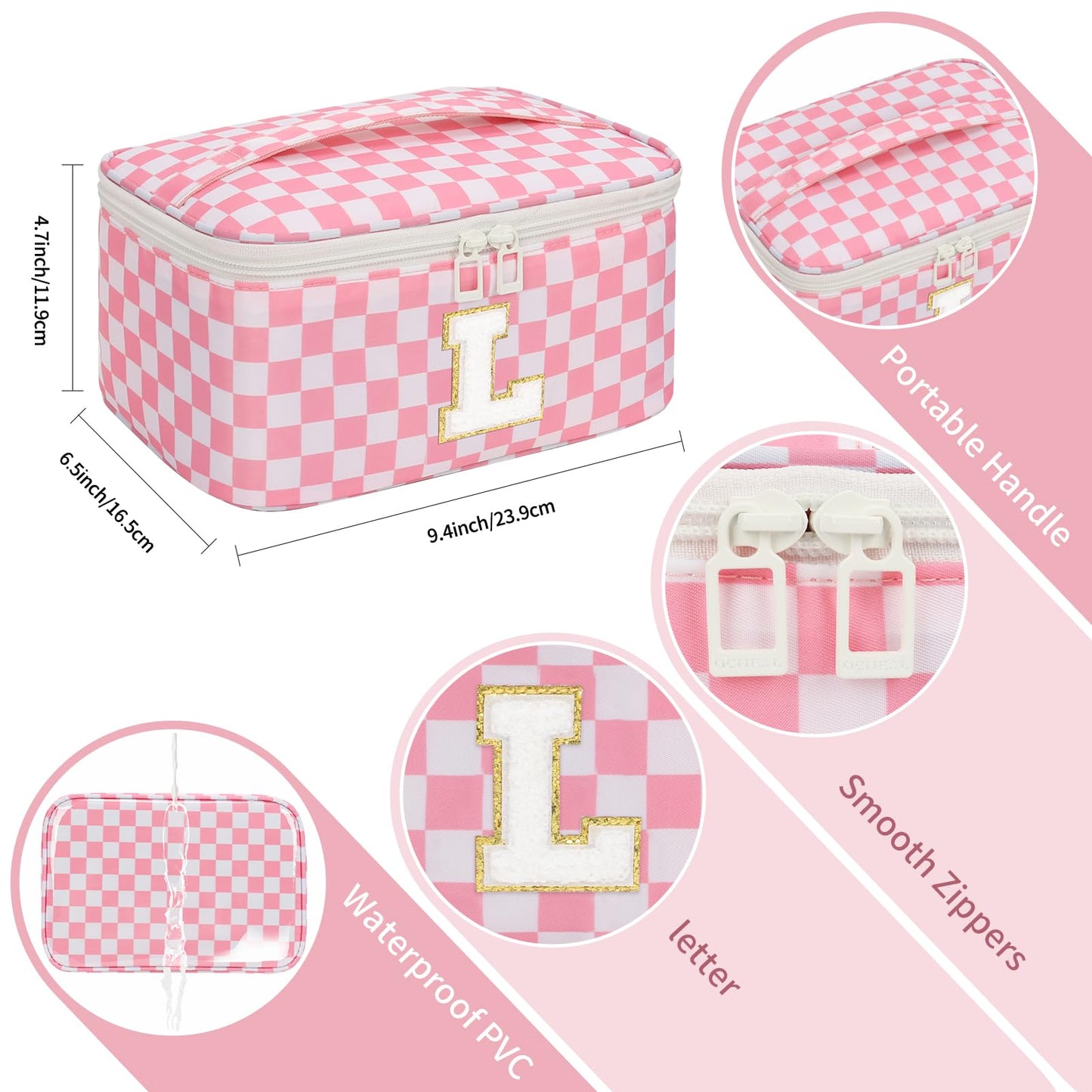 OCHEAL Makeup Bag for Women, Monogram Cosmetic Bag Pink Travel Makeup Case Beauty Toiletry Bag Organizer Personalized Gifts for Girls Bridesmaid, Sister, Wife, Friends Initial L