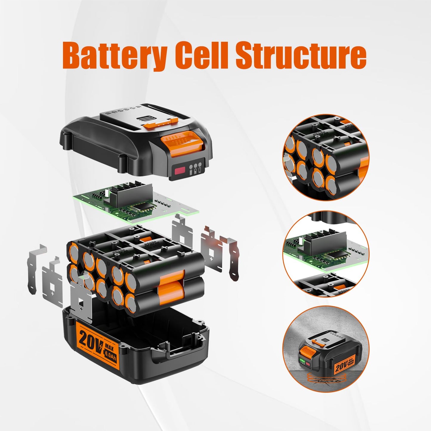CaliHutt 【Upgrade】 6.0Ah 20V Replace Battery for Worx 20V Battery Compatible with Worx 20 Volt Lithium WA3520 WA3525 WG151s WG155s WG251s WG255s WG540s WG545s WG890 WG891 Cordless Power Tools Battery