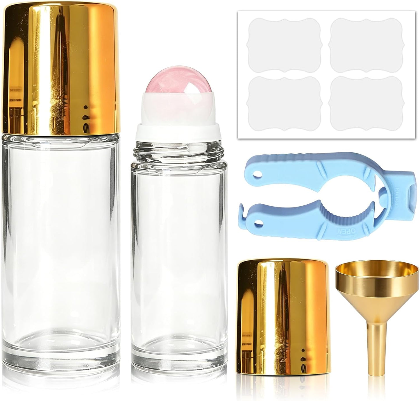 Rose Quartz Roller Bottles - 2 Pack Leakproof Glass Bottles for Essential Oils | 50ml & 30ml Sizes