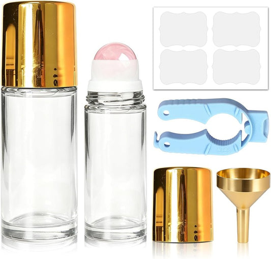 Rose Quartz Roller Bottles - 2 Pack Leakproof Glass Bottles for Essential Oils | 50ml & 30ml Sizes