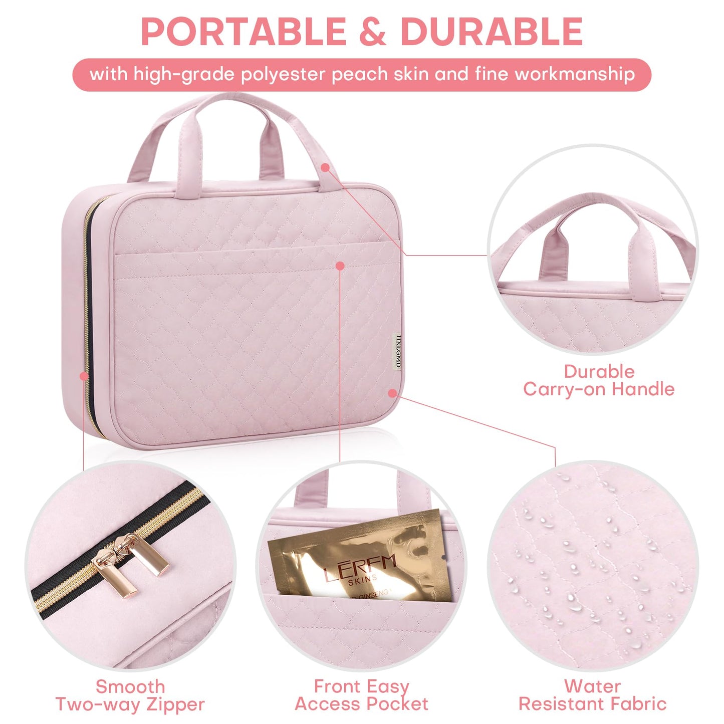 HXLGMD Travel Size Toiletry Bag for Women, Portable Cosmetic Bag with Hanging Hook, Travel Essentials Water-resistant Makeup Organizer for Accessories, Shampoo, Full-size Container, Toiletries