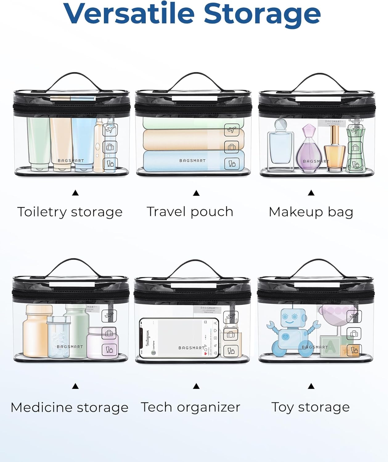 BAGSMART TSA Approved Toiletry Bag - 2 Pack Clear Makeup Organizer | Quart Size Travel Essentials, Black