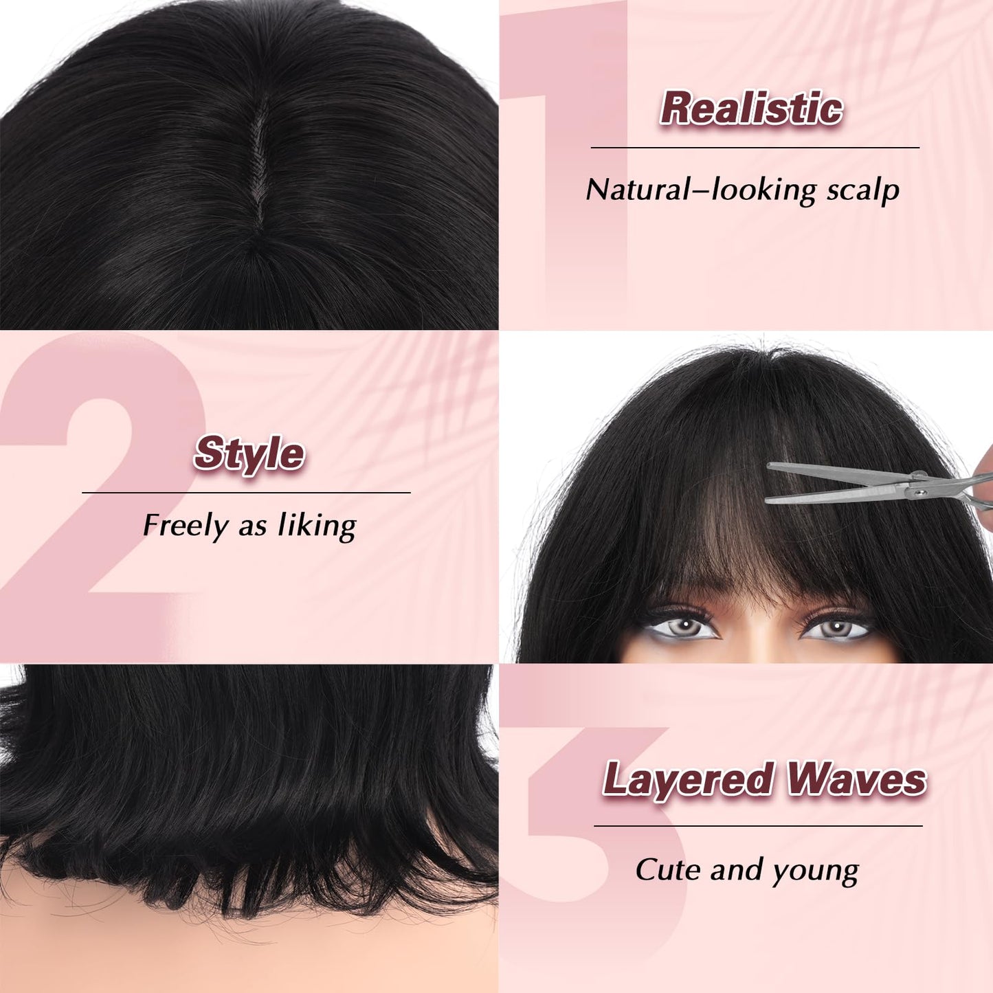 Haloo Black Short Bob Wigs with Bangs Shoulder Length Wavy Layered Flipped Ends Natural Looking Medium Synthetic Hair Wig for Women Daily Party, 14 Inch Natural Black