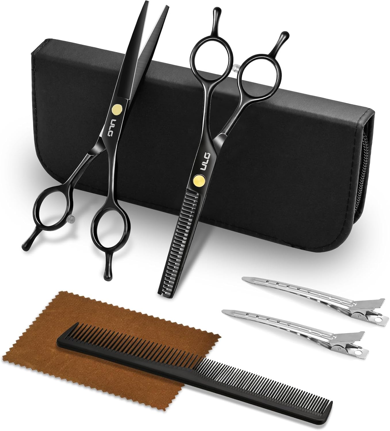 Professional Hair Cutting Scissors Kit - Thinning Shears & Razor Edge | 6.5 Inch Japanese Stainless Steel, Black
