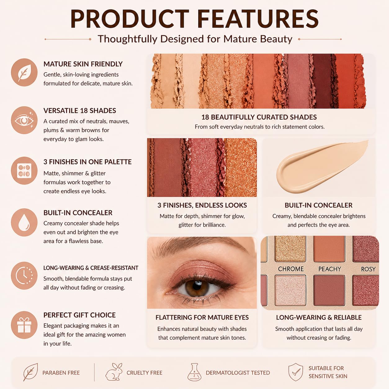 18 Color Natural Eyeshadow Palettefor Older Women – Champagne Shimmer Matte & Glitter Finish with Built-In Concealer Shade – Mauve Plum Brown Nude Eyeshadow Palette, Cream Eyeshadow for Mature Skin