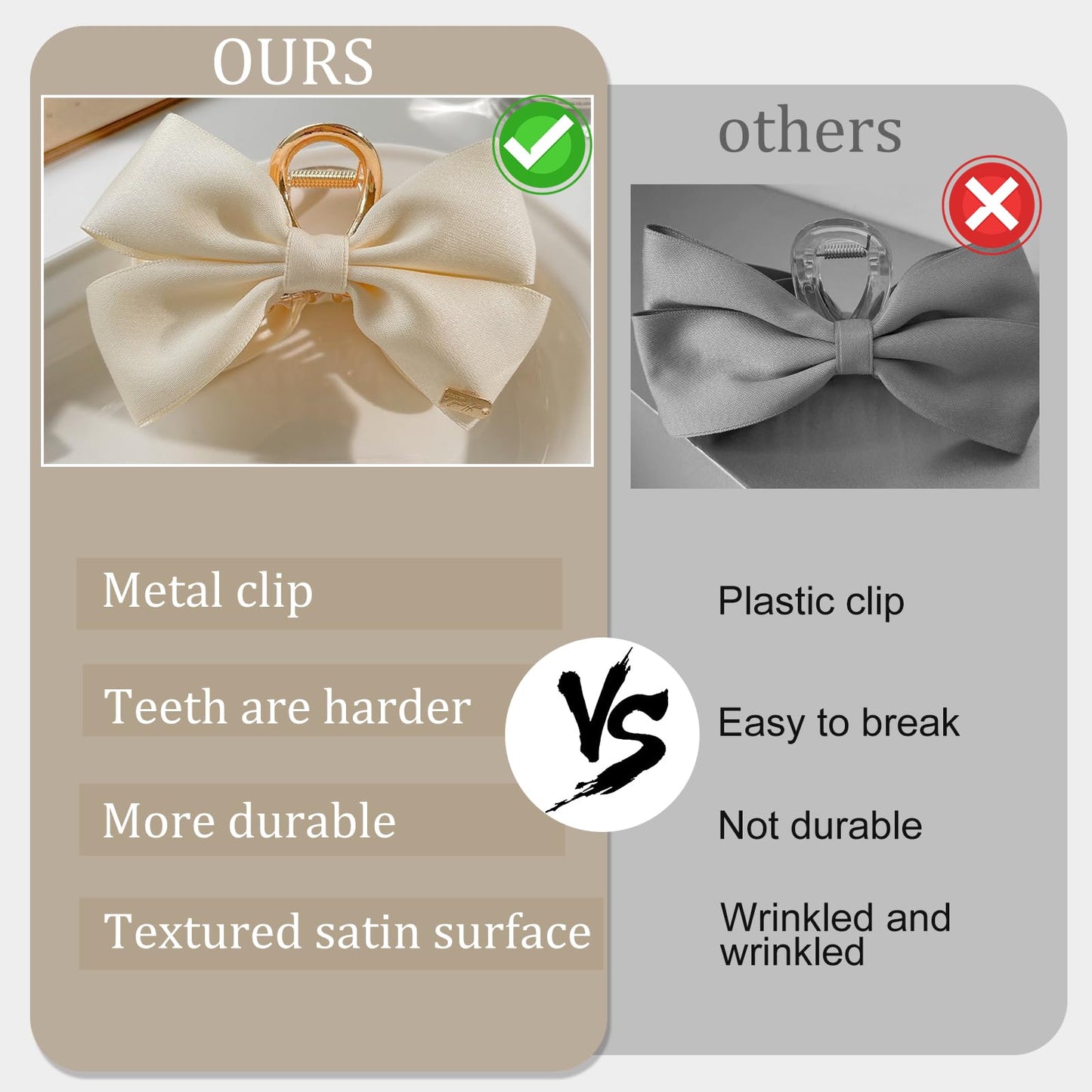 Stylish 3PCS Metal Claw Hair Clips for Women & Girls - Premium Bow-knot Nonslip Clips for Thick & Thin Hair, Big Bows in Trendy Black, White, Khaki!