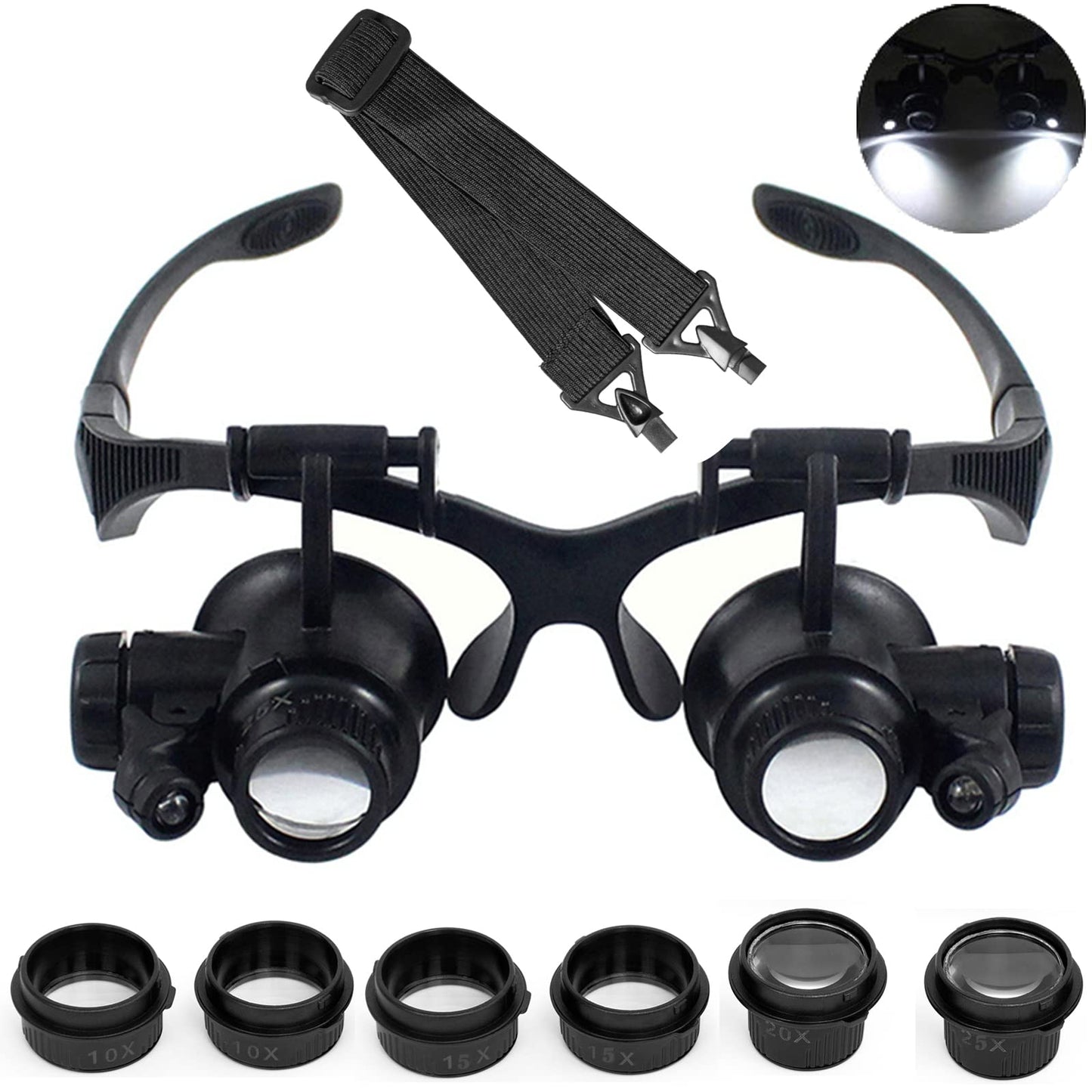 LXIANGN LED Head Mount Magnifier 10X 15X 20X 25X Hands-Free Magnifying Glass Headband Magnifier Visor with Light for Close Work,Jewelry,Craft,Watch,Hobby,Not for Reading