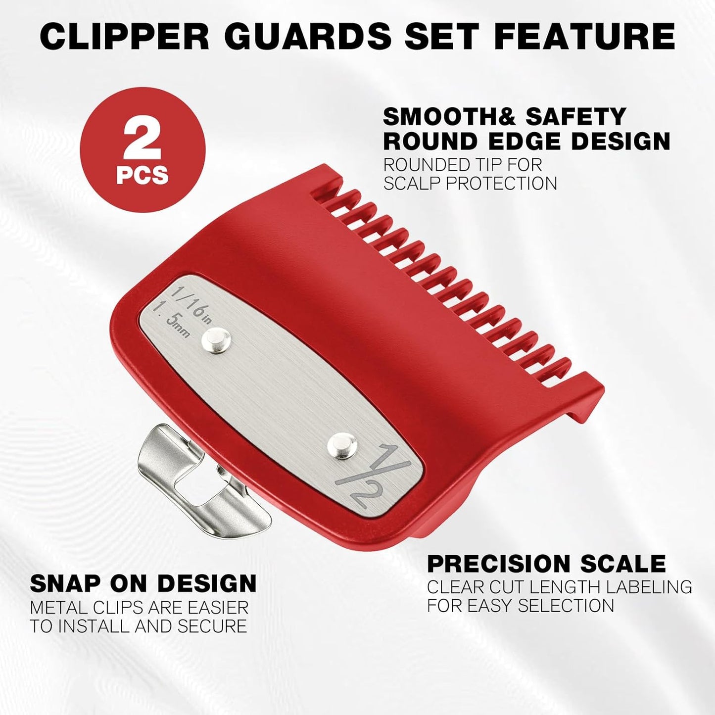 Clipper Guards Set - Compatible with Wahl 1/2 Hair Clippers | 2 Pack Metal Guide Combs, 1/16" (1.5mm) - Ideal for Barbers & Stylists, Red