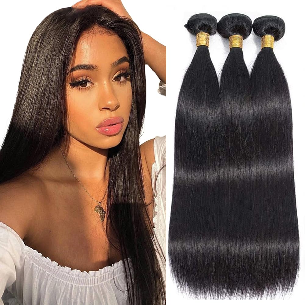 Straight Human Hair Bundles 14 16 18 Inch Natural Black Color Peruvian Virgin Hair 3 Bundles/150g Straight Bundles Double Weft Human Hair Extensions