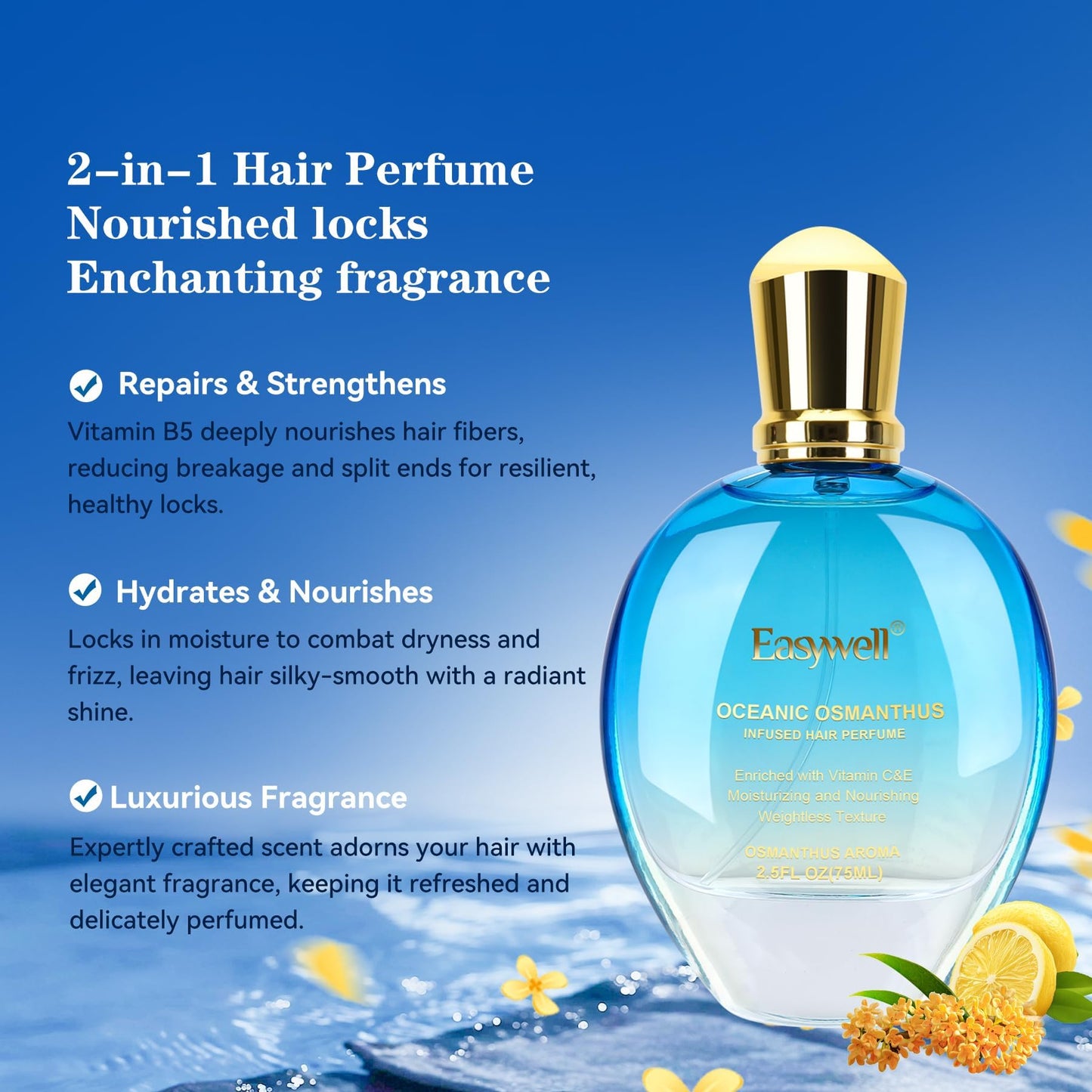 EASYWELL Hair Perfume for Women, Christmas Gift Birthday Gifts for Mom and girls, Leave In Conditioner Spray with Vitamin B5, Hair Care Fragrance, Hair Oil Mist, Oceanic Osmanthus, 2.5 fl oz