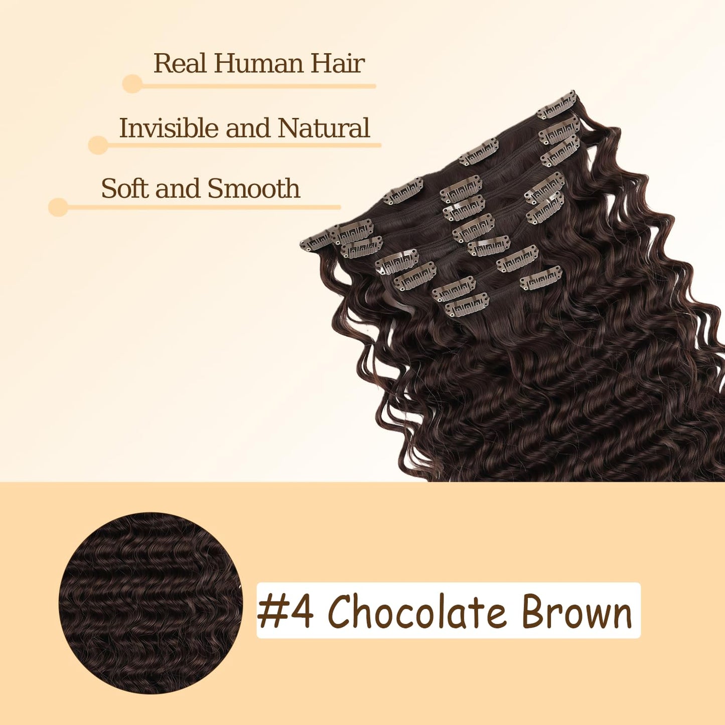 #4 Brown Clip in Hair Extensions Real Human Hair, 14 Inch 120g/7Pcs,Full Shine Dark Brown Remy Human Hair,Chocolate Brown Deep Wave Clip ins Brazilian Virgin Hair Extensions