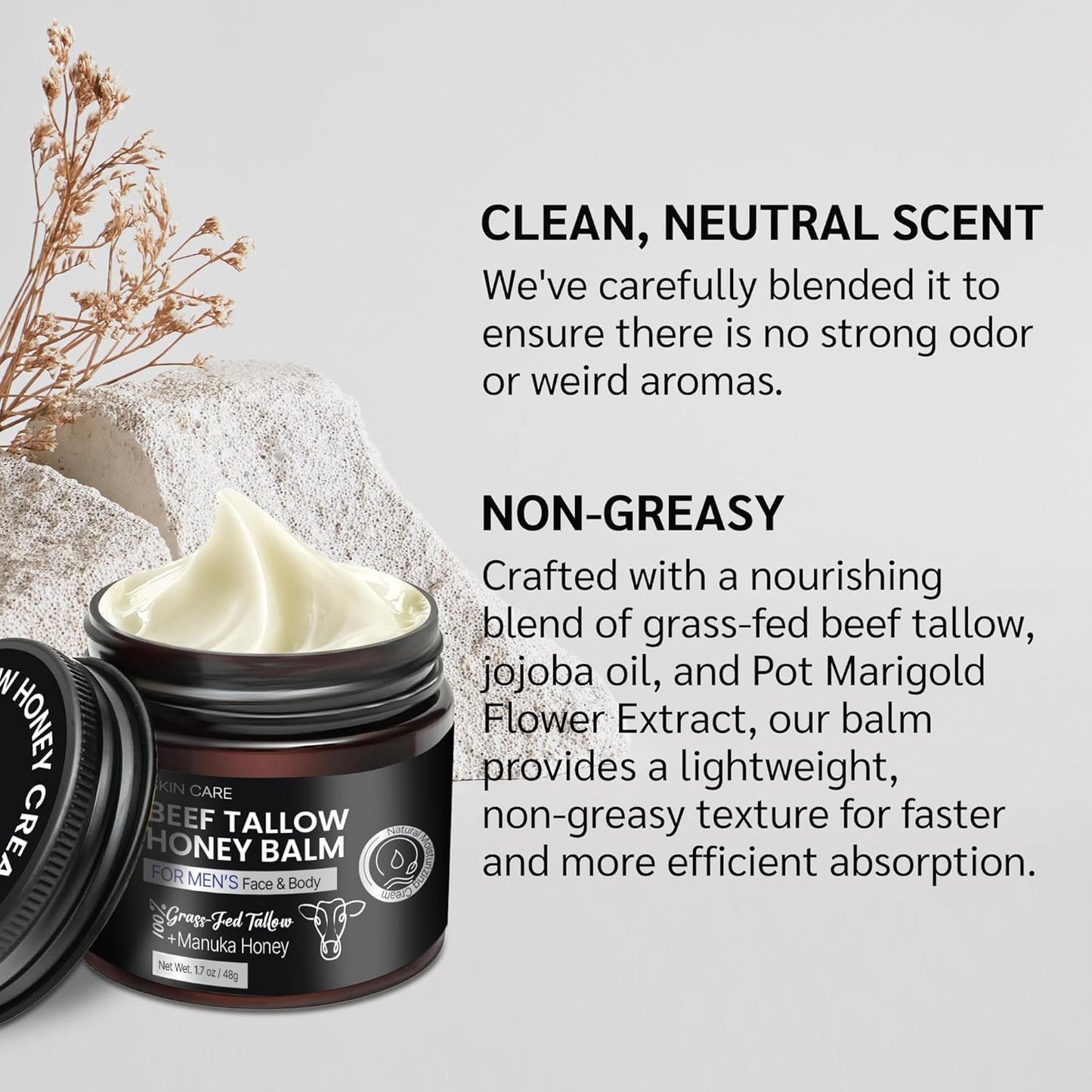 Uttse Men's Beef Tallow for Skin Care:100% Grass-Fed Beef Tallow Face Moisturizer For Men - Tallow and Honey Balm With Olive Oil Manuka Honey For Sensitive Dry Skin Repair 1.7 oz