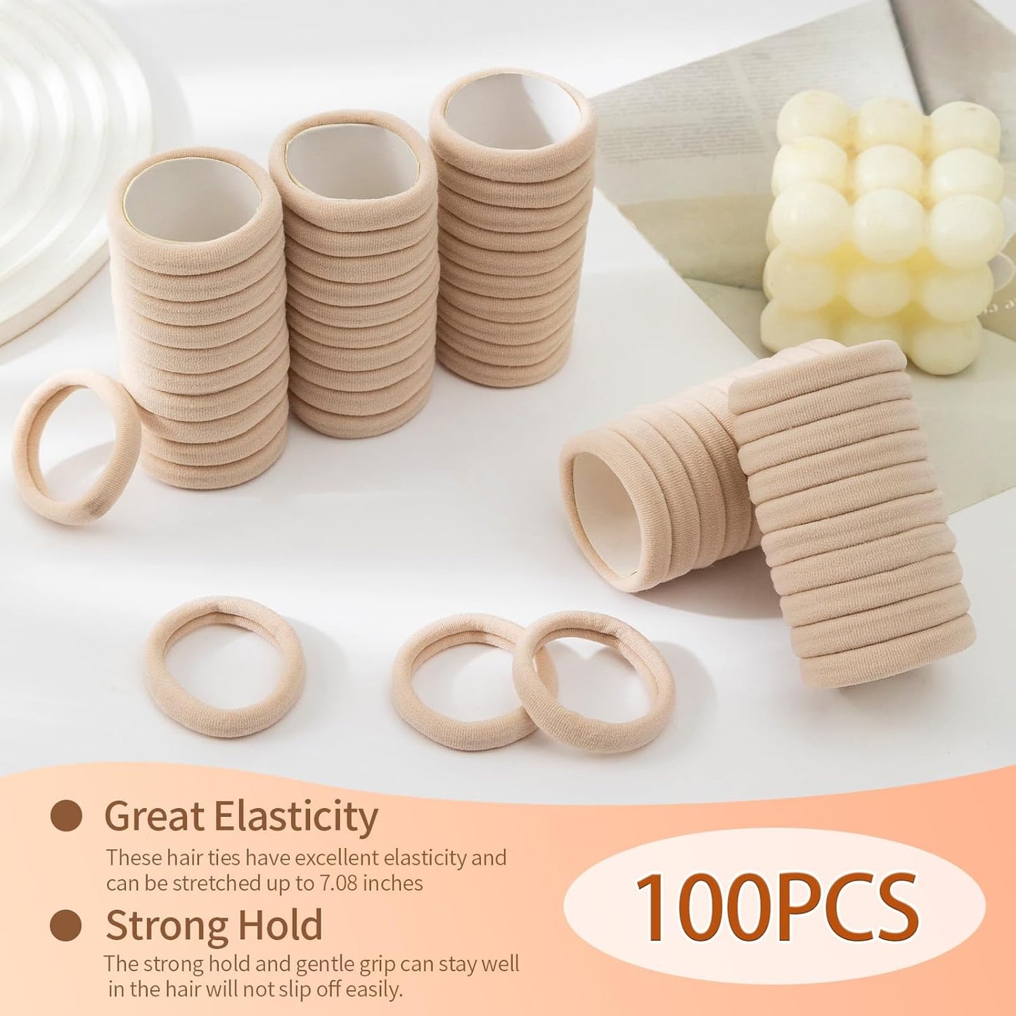 Bessrung 100 PCS Seamless Nylon Hair Ties - No Damage, Soft & Stretchy Ponytail Holders | Beige