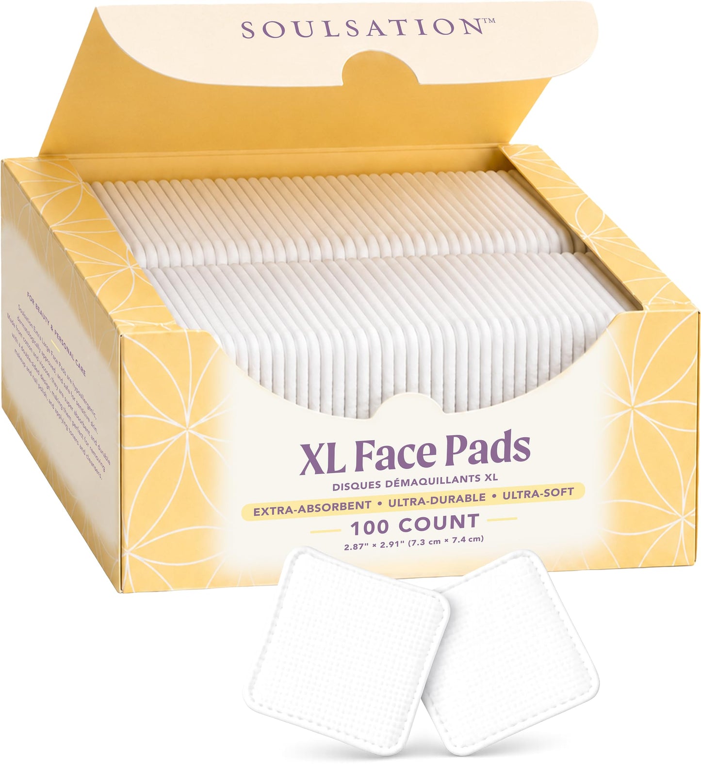 SoulSation Extra Large Face Pads (100 Count) - Durable, Absorbent, Hypoallergenic, Dermatologically Tested - Removes Makeup & Nail Polish, Apply Cleansers & Toners & Micellar Water