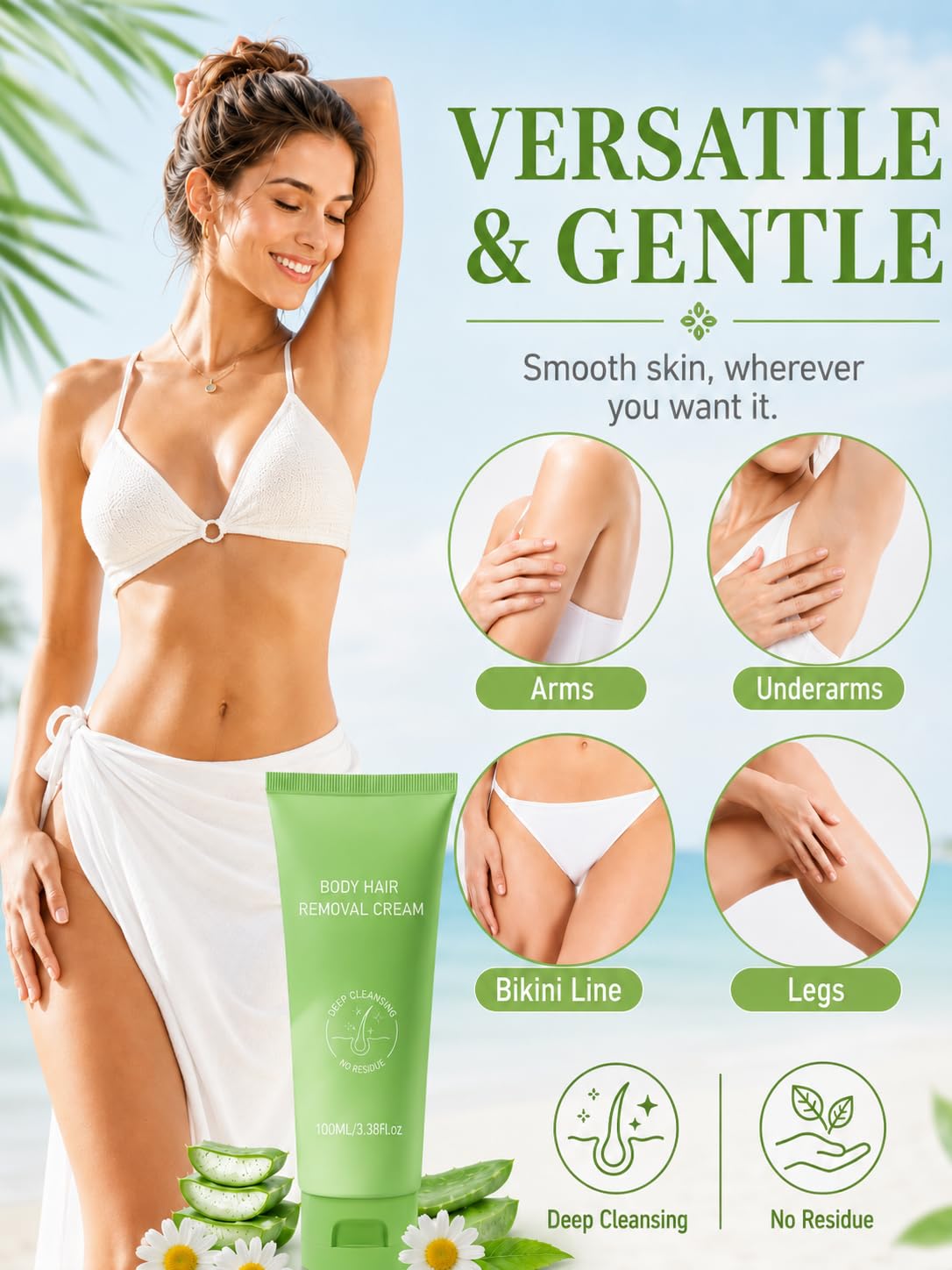 Gentle Hair Removal Cream for Women & Men | Aloe Vera & Chamomile, Smooth Skin for Legs, Arms, Underarms & Bikini Line (3.38 Fl Oz)