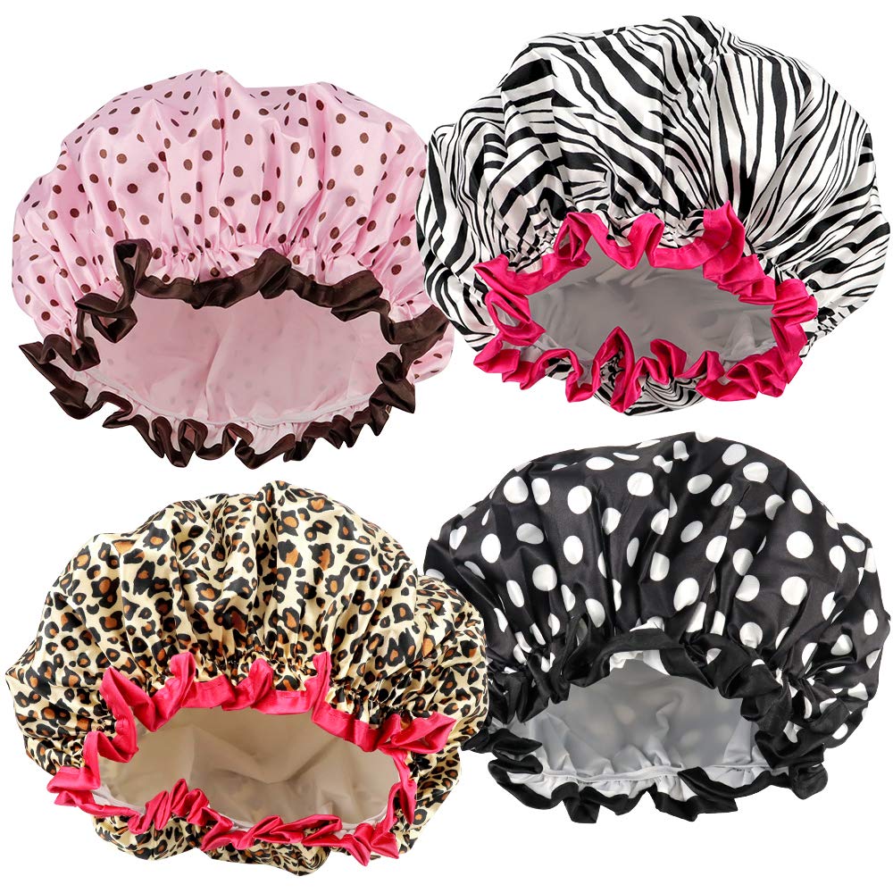 4 Pcs Shower Cap for Women Double Waterproof Layers Reusable Elastic