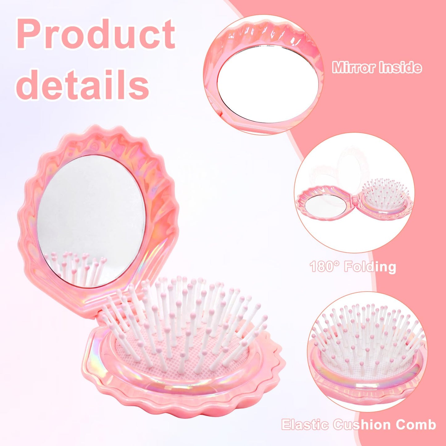 Heliltd 2 Pack Folding Hair Brush with Mirror, Iridescent Travel Hair Brush for Purse, Mini Portable Cushion Detangling Pocket Hairbrush for Women Girls, Shell Compact Mirror Brush (2, Pink Purple)