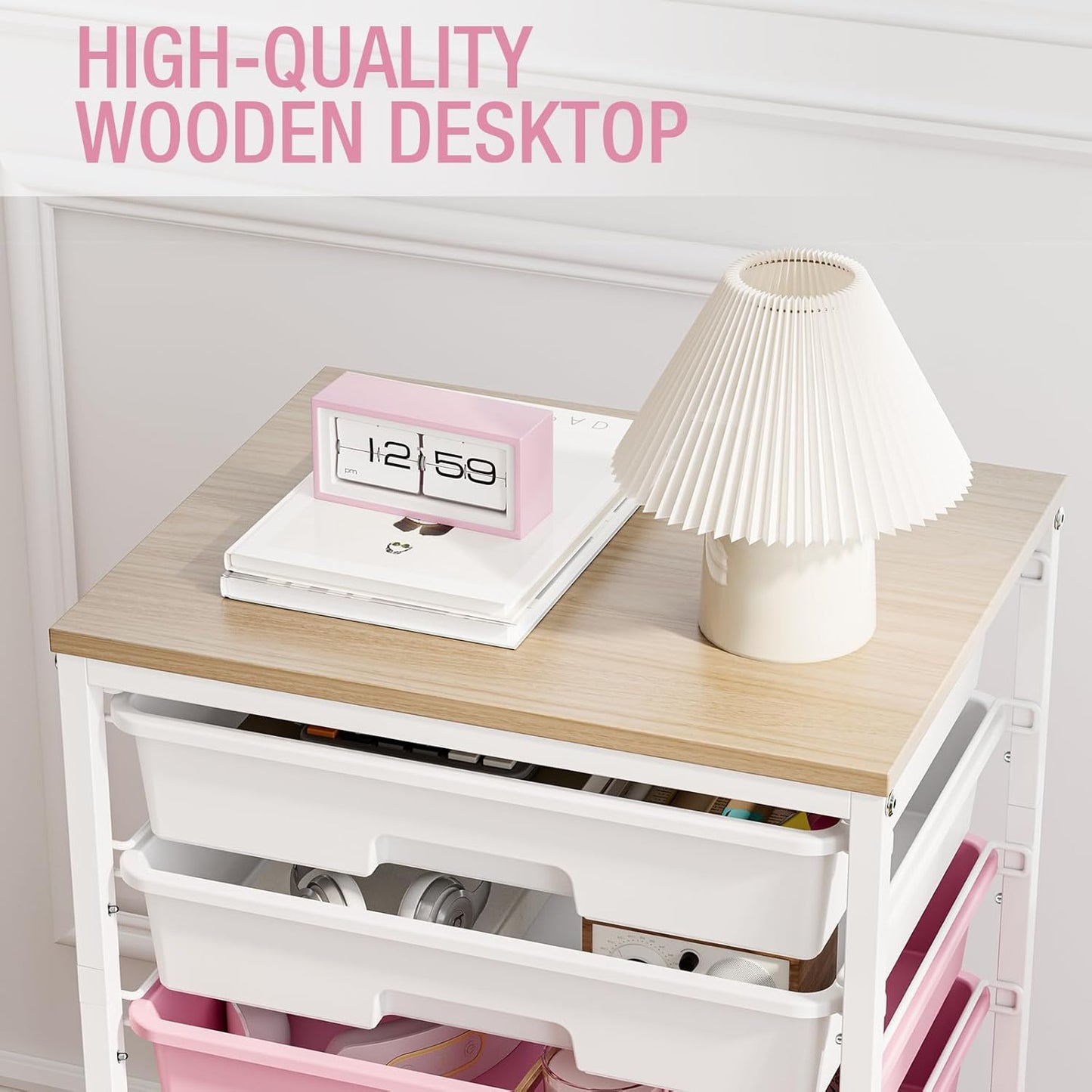 Rolling Cart with Drawers - Pink Storage Cart with 8 Plastic Drawers & Wooden Tabletop | Ideal for Crafts & Teachers