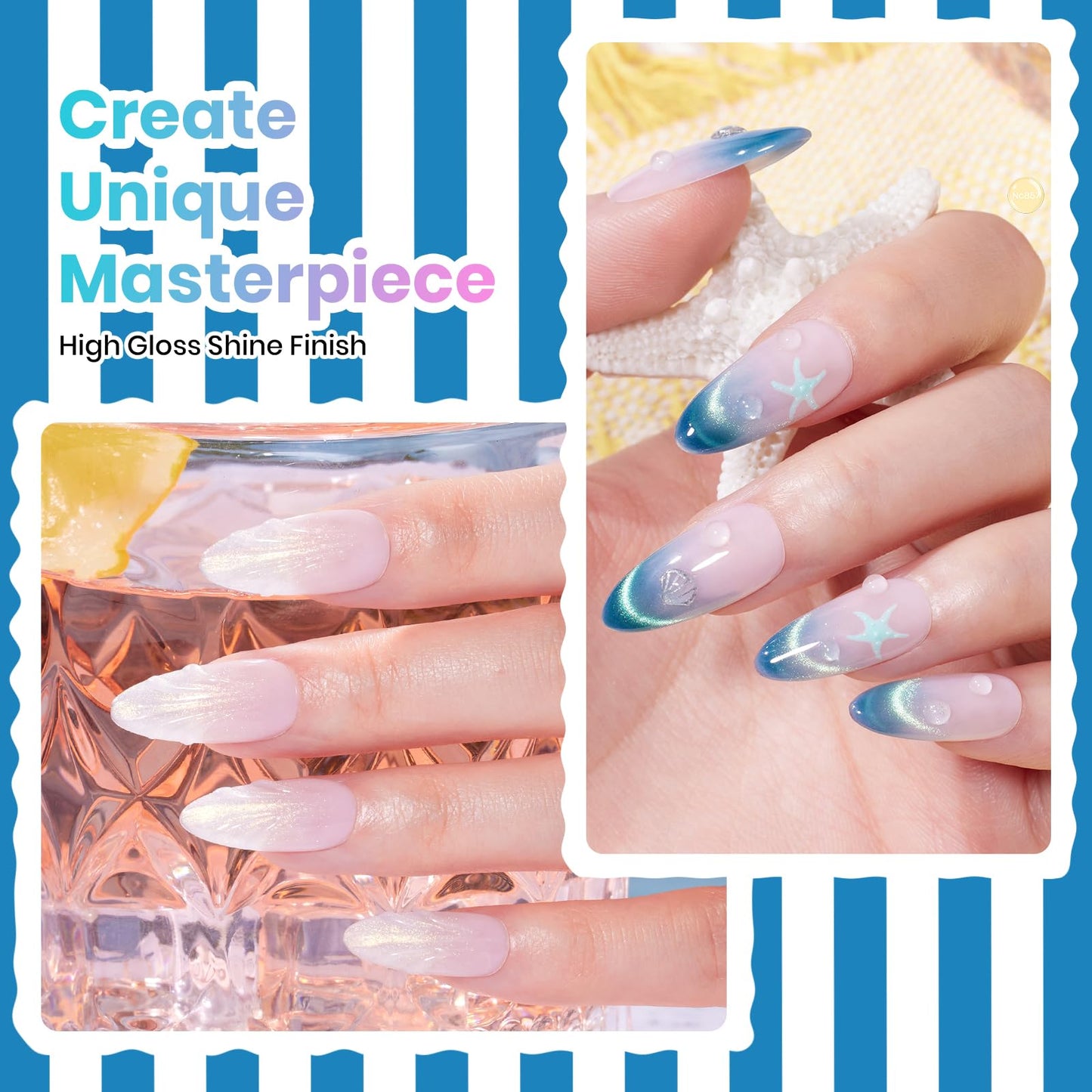 Beetles Blue Gel Nail Polish Set, Summer Voyage Shore Light Cat Eye Gel Polish 6 Colors Mint Green Lyons Nail Gel with Nail Art Stickers & Scrunchie, Soak Off Uv Manicure Kit Gift for Women