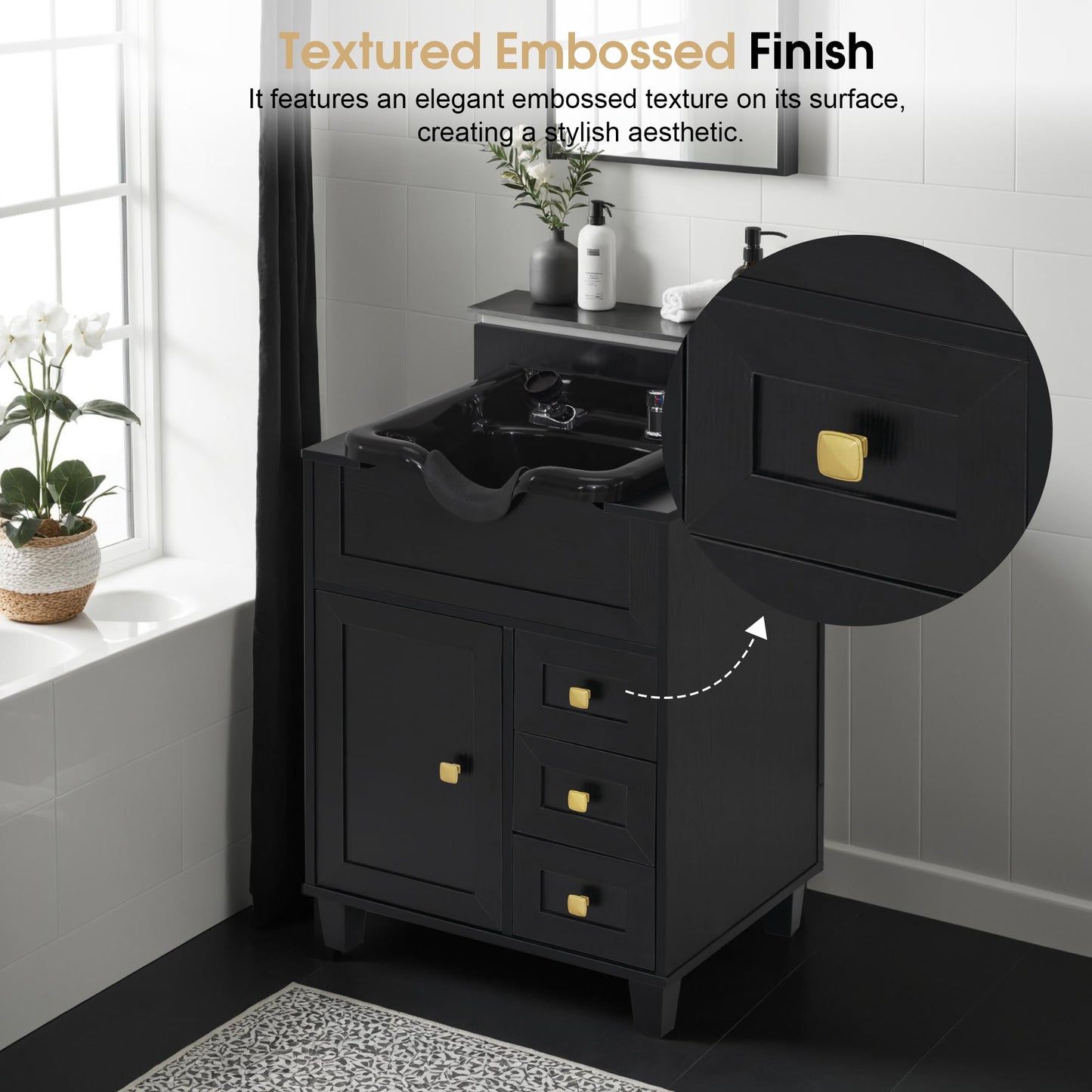 BarberPub Barber Storage Shampoo Station, Spa Textured Embossed Cabinet with Shampoo Bowl & Drawers, Hair Salon Sink Backwash Equipment 7131 (Black)