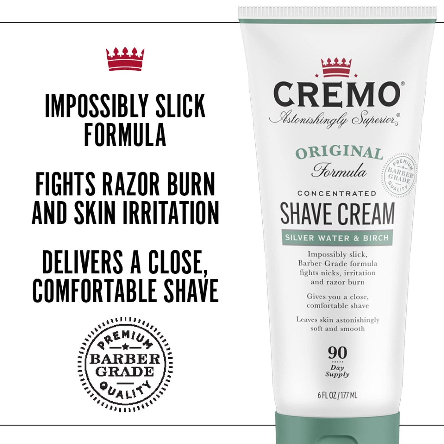 Cremo Barber Grade Silver Water & Birch Shave Cream, Astonishingly Superior Ultra-Slick Shaving Cream Fights Nicks, Cuts And Razor Burn, 6 Fl Oz (Pack of 2)