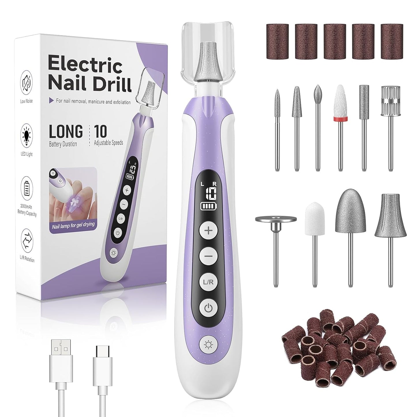 Electric Nail Drill - 10-Speed Cordless Nail File Kit for Thick Toenails | Rechargeable Manicure Pedicure Set with LED Display, Purple